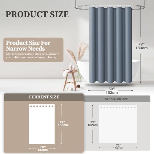 BTTN 60x72 Linen Textured Waterproof Fabric Shower Curtain Set, Blue Grey