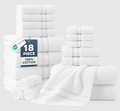 LANE LINEN Bath Towel Set 100% Cotton 18 Piece Soft Absorbent - White