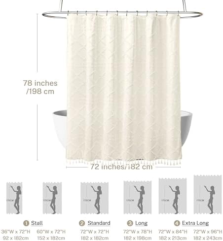 Siiluminisoy Extra Long Cream Boho Shower Curtain, 72 x 78 Tufted Chevron Textured Striped Modern Farmhouse Minimalist Woven Fabric for Bathroom