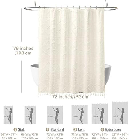 Siiluminisoy Extra Long Cream Boho Shower Curtain, 72 x 78 Tufted Chevron Textured Striped Modern Farmhouse Minimalist Woven Fabric for Bathroom