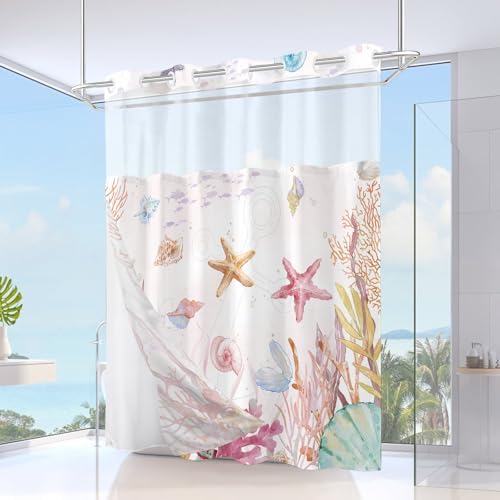 No Hook Shower Curtain and Liner Set, Watercolor Pink Beach Coastal 71x74