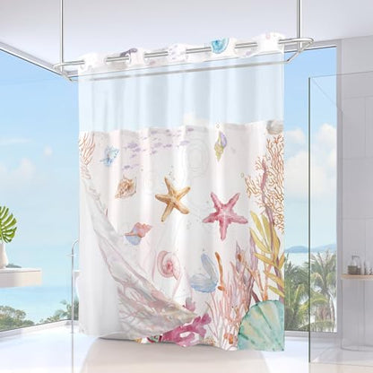 No Hook Shower Curtain and Liner Set, Watercolor Pink Beach Coastal 71x74