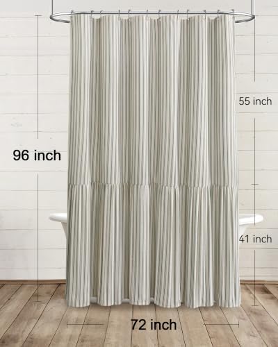 Farmhouse Shower Curtain Ruffle Linen Cream-Green Stripe 72"W x 96"L