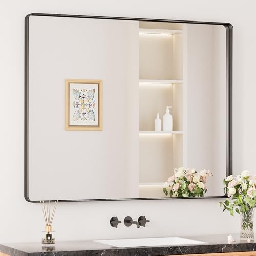 Keonjinn 42 x 36 Inch Black Bathroom Mirror for Over Sink, Tempered Glass