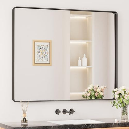 Keonjinn 42 x 36 Inch Black Bathroom Mirror for Over Sink, Tempered Glass