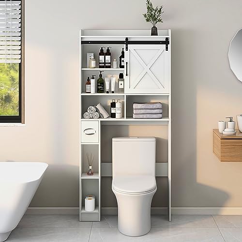 Vabches Over The Toilet Storage Cabinet with Sliding Barn Door. White