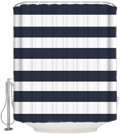 Shower Curtain Bathroom Set Navy Blue and White Stripe Waterproof Shower Curtains with Grommets Hooks Classic Texture Privacy Bath Curtain for Bathtub Decor 36x72in