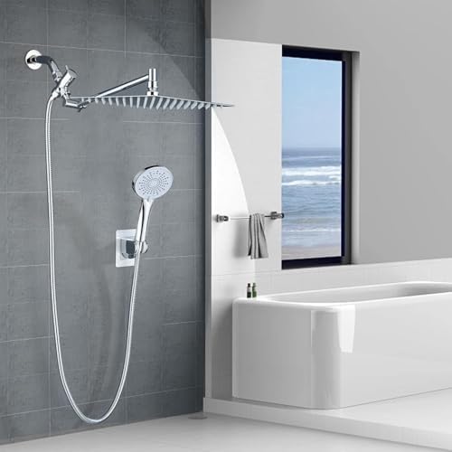 Peicuai Shower Head Combo, 10 Inch High Pressure Rain Shower Head with 11 Inch Adjustable Extension Arm, 5-Setting Handheld Shower with Long Hose, Powerful Spray for Low Water Pressure