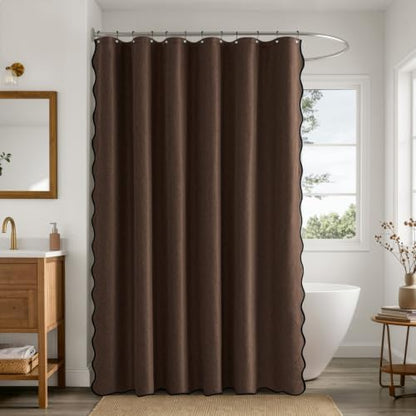 ANRODUO Brown Scalloped Linen Textured Shower Curtain, W72 x L84
