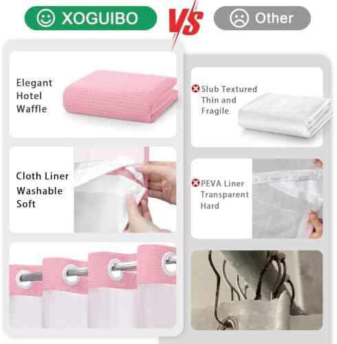 No Hook Shower Curtain with Liner Set Hotel Waffle Blush Pink 72W X 75L