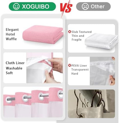 No Hook Shower Curtain with Liner Set Hotel Waffle Blush Pink 72W X 75L