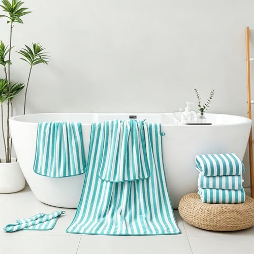 4 Pcs Turquoise Large Stripe Bath Sheets 35"x70" Extra Large Bath Towels Oversized Cabana Stripe Jumbo Towels for Bathroom Soft Highly Absorbent Quick Dry Beach Chair Towels for Hotel and Spa