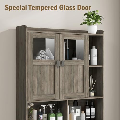 Vabches Over The Toilet Storage Cabinet with Doors and Shelves, Grey
