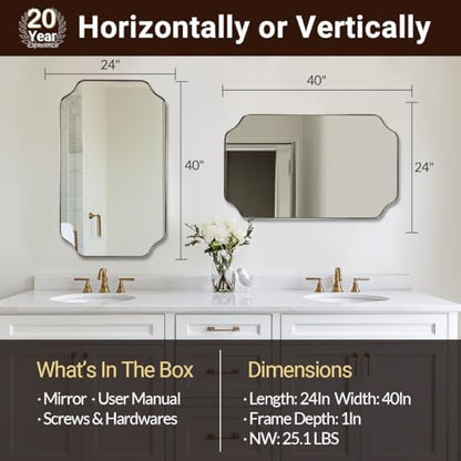 ANDY STAR 24x40 Inch Rectangle Bathroom Mirror, Brushed Nickel Scalloped Bathroom Mirror, Silver Bathroom Vanity Mirror, Unique Mirror in Rust-Proof Stainless Steel Frame (Horizontal/Vertical)