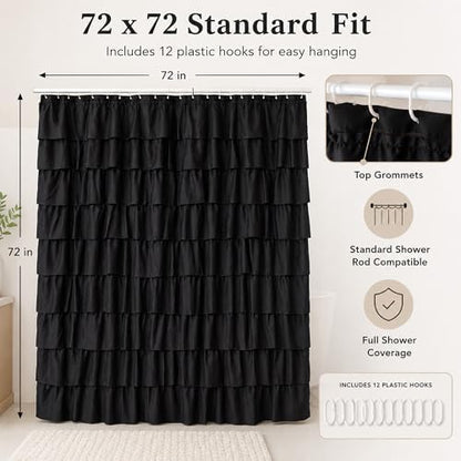 Black Ruffle Shower Curtain for Bathroom, 72x72, Cascading Layered Ruffles