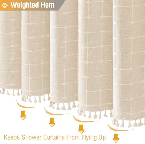BTTN Long Boho Farmhouse Linen Cloth Shower Curtain Set, 72x84, Cream/Beige