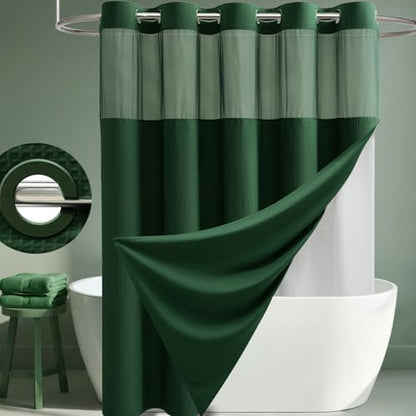 Dynamene Dark Green Hook Free Waffle Shower Curtain & Snap-in Liner,72x75