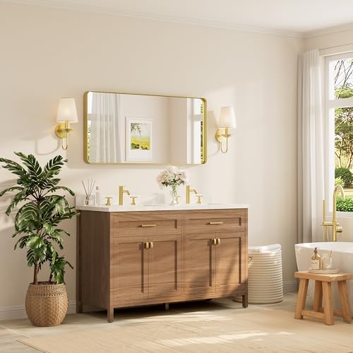 TETOTE 48 x 24 Inch Brushed Gold Frame Mirror, Brass Bathroom Vanity Mirror for Wall, Modern Rectangle Round Corner Matte Framed Mirror (Horizontal/Vertical)