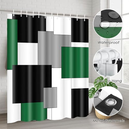 Bathroom Sets with Shower Curtain and Rugs, 4 Pcs, Geometric Green