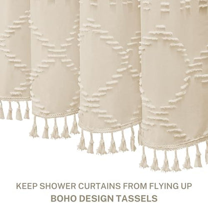 Siiluminisoy Boho Farmhouse Shower Curtain - Woven Fabric Cream/Beige, 60 x 72 Tufted Chevron Textured Striped Modern Minimalist for Bathroom