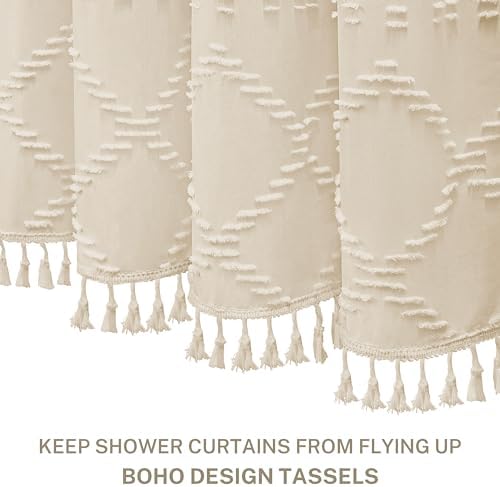 Siiluminisoy Small Stall Boho Shower Curtain Cream/Beige Tassle Woven Fabric Shower Curtain 36 x 72 Half Size Tufted Chevron Striped Textured Modern Farmhouse Minimalist Cloth for Bathroom