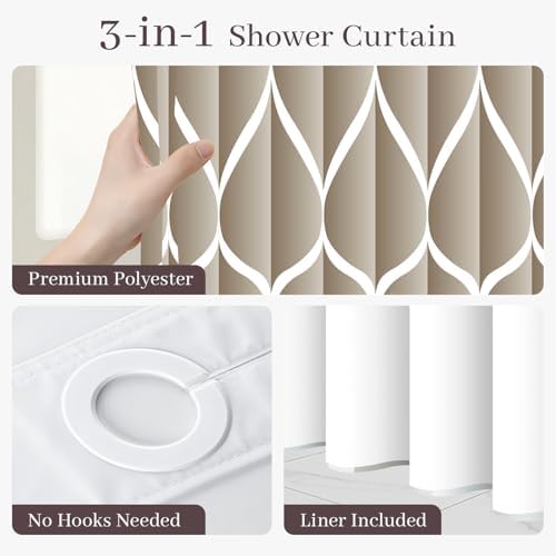 Yiatn Cream No Hook Shower Curtain with Snap-in Liner, 71 x 74 Inch