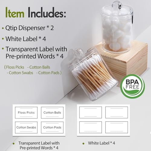 2 Pack Acrylic Qtip Holder Dispenser for Cotton Swabs, Balls, Floss Picks