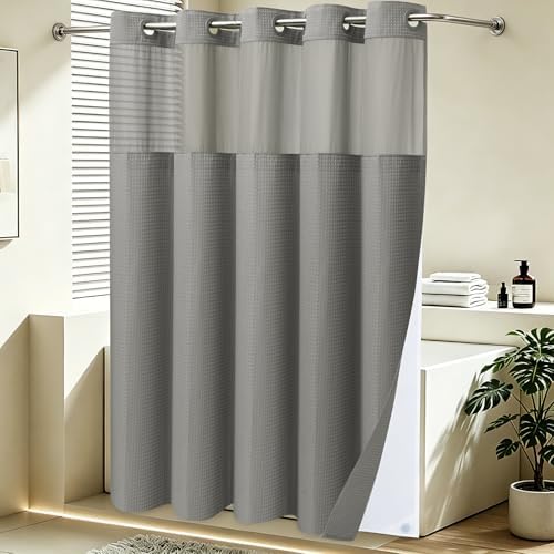SORTTO No Hook Waffle Shower Curtain with Snap in Liner Set, 71x98, Grey