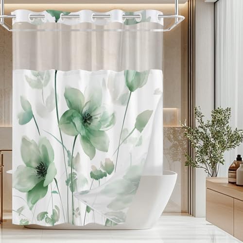 No Hook Shower Curtain and Liner Set, Green Boho Floral 71x74
