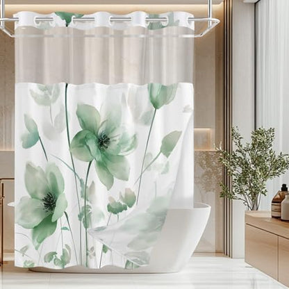No Hook Shower Curtain and Liner Set, Green Boho Floral 71x74