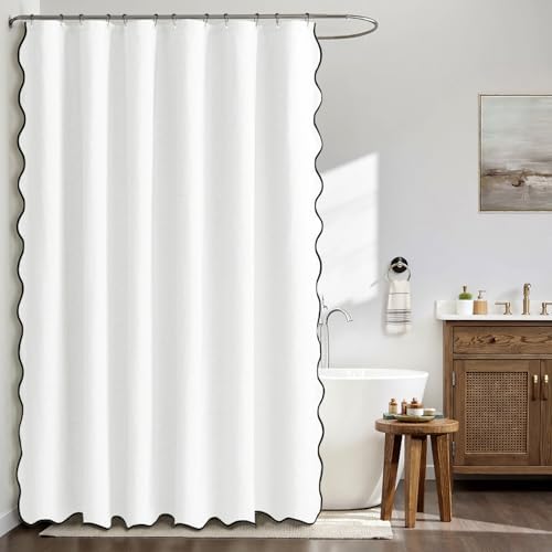 MIULEE White Scalloped Linen Shower Curtain 72x72 Inches