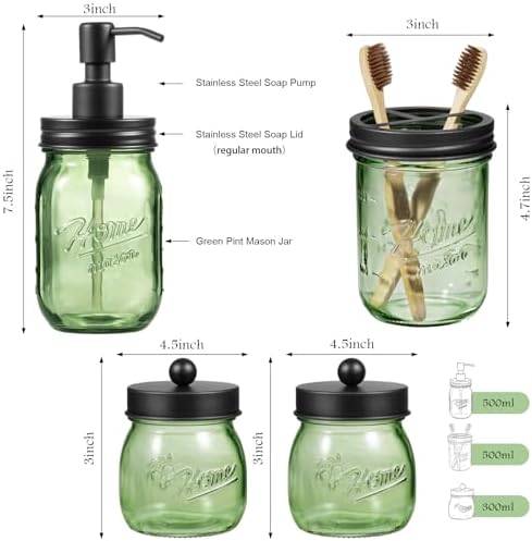 Amolliar 4PCS Bathroom Accessories Set, Green Glass Organizer Sets, Black