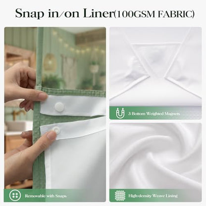 Dynamene Sage Green Hook Free Waffle Shower Curtain & Snap-in Liner,48x75