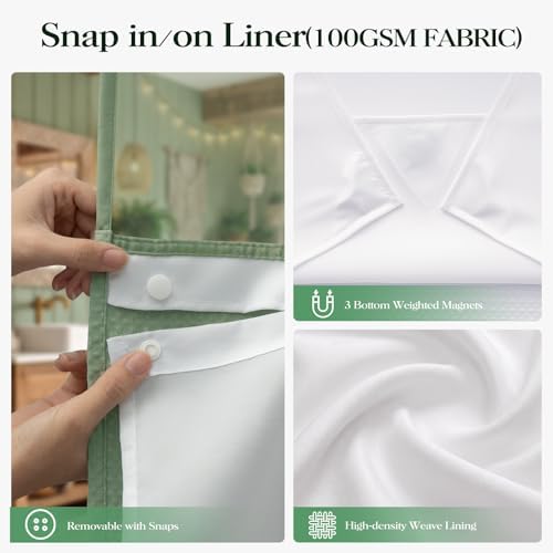 Dynamene Sage Green Hook Free Waffle Shower Curtain & Snap-in Liner,36x75