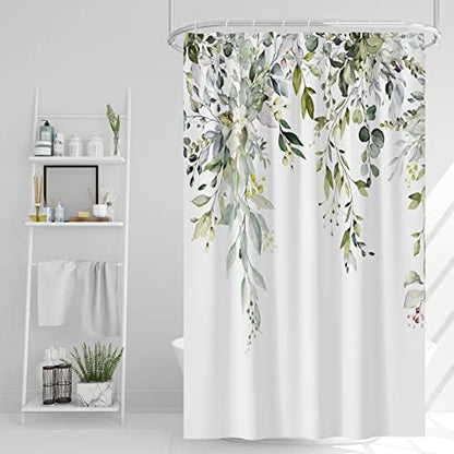AWERT Small Stall Shower Curtain with Hooks Watercolor Plants Green Leaves 48x72 inch Half Size Shower Curtain for Bathroom/RV and Camper