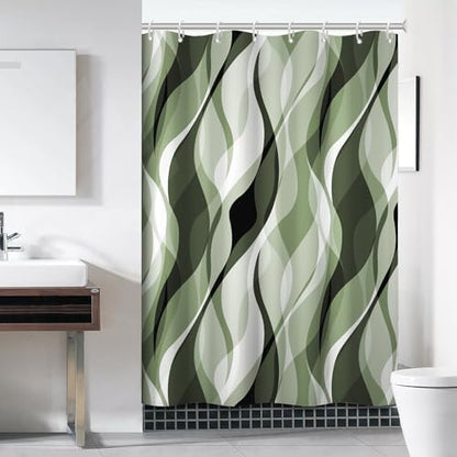 Sage Green Striped Shower Curtain with Hooks for Bathroom 54x72 Inch