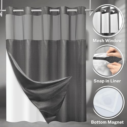No Hook Waffle Shower Curtain with Snap in Liner Set, 54x80, Dark Grey