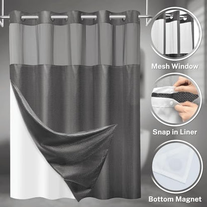 No Hook Waffle Shower Curtain with Snap in Liner Set, 54x80, Dark Grey