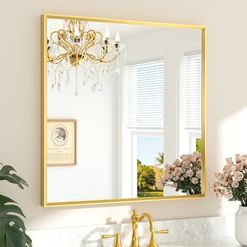 TETOTE Brushed Brass Vanity Mirror for Bathroom 36" x 36" Brushed Gold Rectangle Beveled Framed Bathroom Wall Mirror for Over Sink, Tempered Glass, Modern Farmhouse Bedroom, Entryway, Living Room