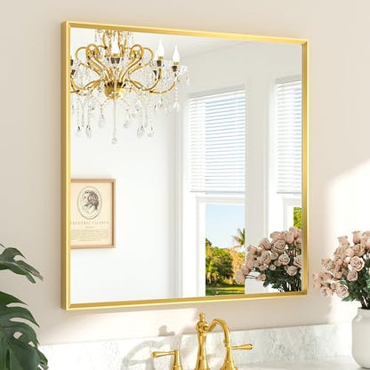 TETOTE Brushed Brass Vanity Mirror for Bathroom 36" x 36" Brushed Gold Rectangle Beveled Framed Bathroom Wall Mirror for Over Sink, Tempered Glass, Modern Farmhouse Bedroom, Entryway, Living Room