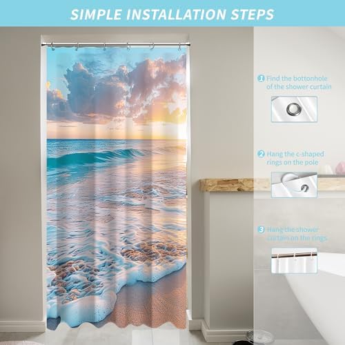 Ocean Beach Coastal Nautical Summer Sunset Small Stall RV Half Size Shower Curtain for Bathroom 39W*72H Inch Seaside Seacoast Beachy Waves Bathtub Decor Seascape Neutral Waterproof Polyester Fabric