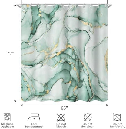 Mint Green Marble Shower Curtain Modern Abstract Luxury Gold Ink Texture Ombre Watercolor Bathroom Curtain Set with Hooks Soft and Lightweight Waterproof Fabric Machine Washable 66" WX72 L