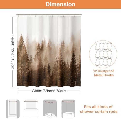 ORTIGIA Brown Misty Forest Shower Curtain for Bathroom, Nature Woodland Shower Curtain Set with Hooks, Decorative Pine Tree Fog Magic Bath Curtain for Home, Waterproof Fabric, Weighted, 72x72