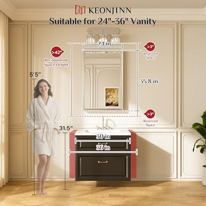 Keonjinn Brushed Gold Bathroom Mirror 24" x 36", Safe HD Tempered Glass