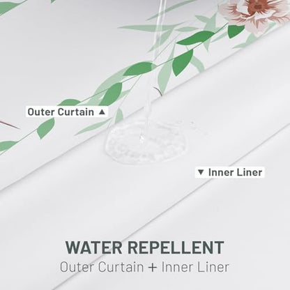 WITHLOC No Hook Floral Shower Curtain with Liner, Green Pink, 71x74