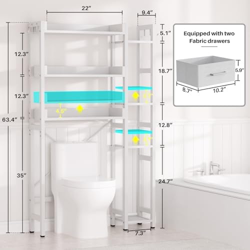 Besiost Over The Toilet Storage, 7 Tier Bathroom Organizer with Reversible Side Shelf and 2 Fabric Drawers, Adjustable Freestanding Rack Space Saver for Small Spaces, White