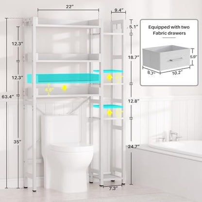 Besiost Over The Toilet Storage, 7 Tier Bathroom Organizer with Reversible Side Shelf and 2 Fabric Drawers, Adjustable Freestanding Rack Space Saver for Small Spaces, White