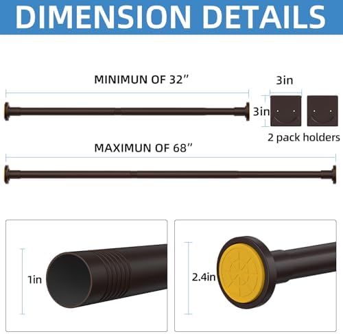 CorkLatta Matte Bronze Shower Curtain Rod,1 Inch Diameter Stainless Steel Adjustable Spring Tension Rods 32 to 68",with Holders,Anti-Slip,Curtain Rods No Drilling(1 Pack)