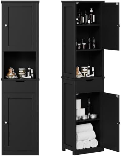 Shintenchi Tall Bathroom Storage Cabinet, Slim Corner Floor Cabinet with Doors and Drawer, Freestanding Narrow Bathroom Organizer with Adjustable Shelves for Small Space, Black