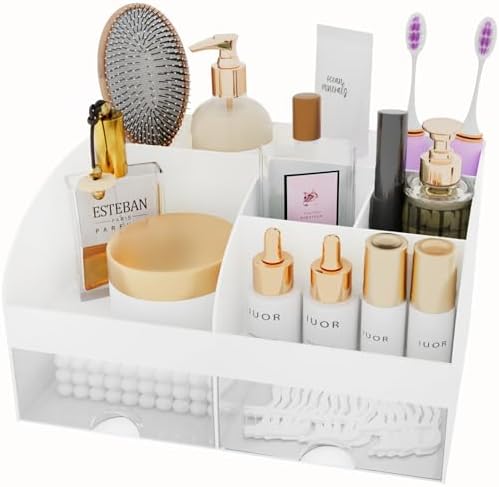 Makeup Organizer with Drawers, Cosmetic Storage for Dresser Vanity and Bathroom Countertop, Beauty Holder for Lipstick Brush, Skincare Organizer for Vanity, Cosmetic Display Case (White)